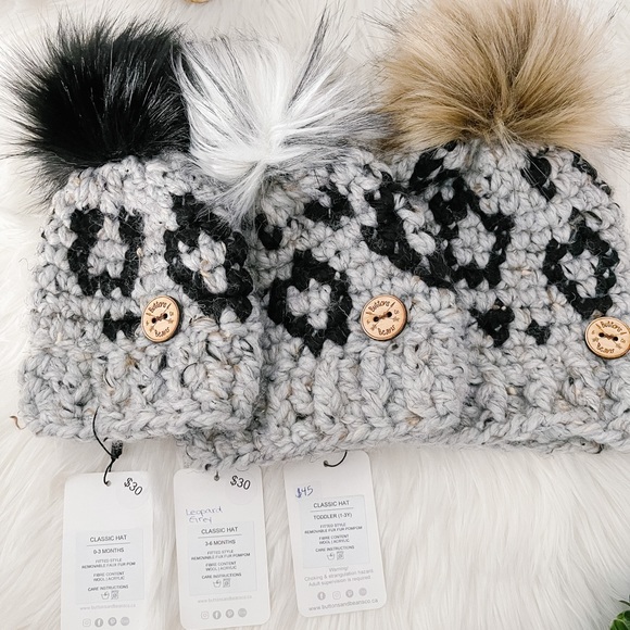 0-3 Months, Grey, Crochet Leopard Hat, Faux Fur pompom, Toque, Winter Hat - Picture 3 of 6